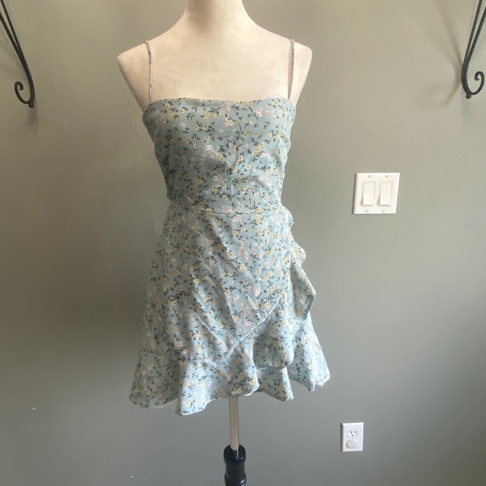 Windsor Light Blue Floral Ruffle Mini Dress Tie‎ Back Cutout Sleeveless Small